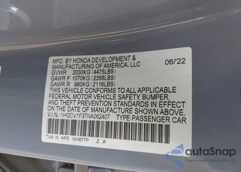2022 Honda Accord Sport from USA, damaged, VIN 1HGCV1F37NA062407